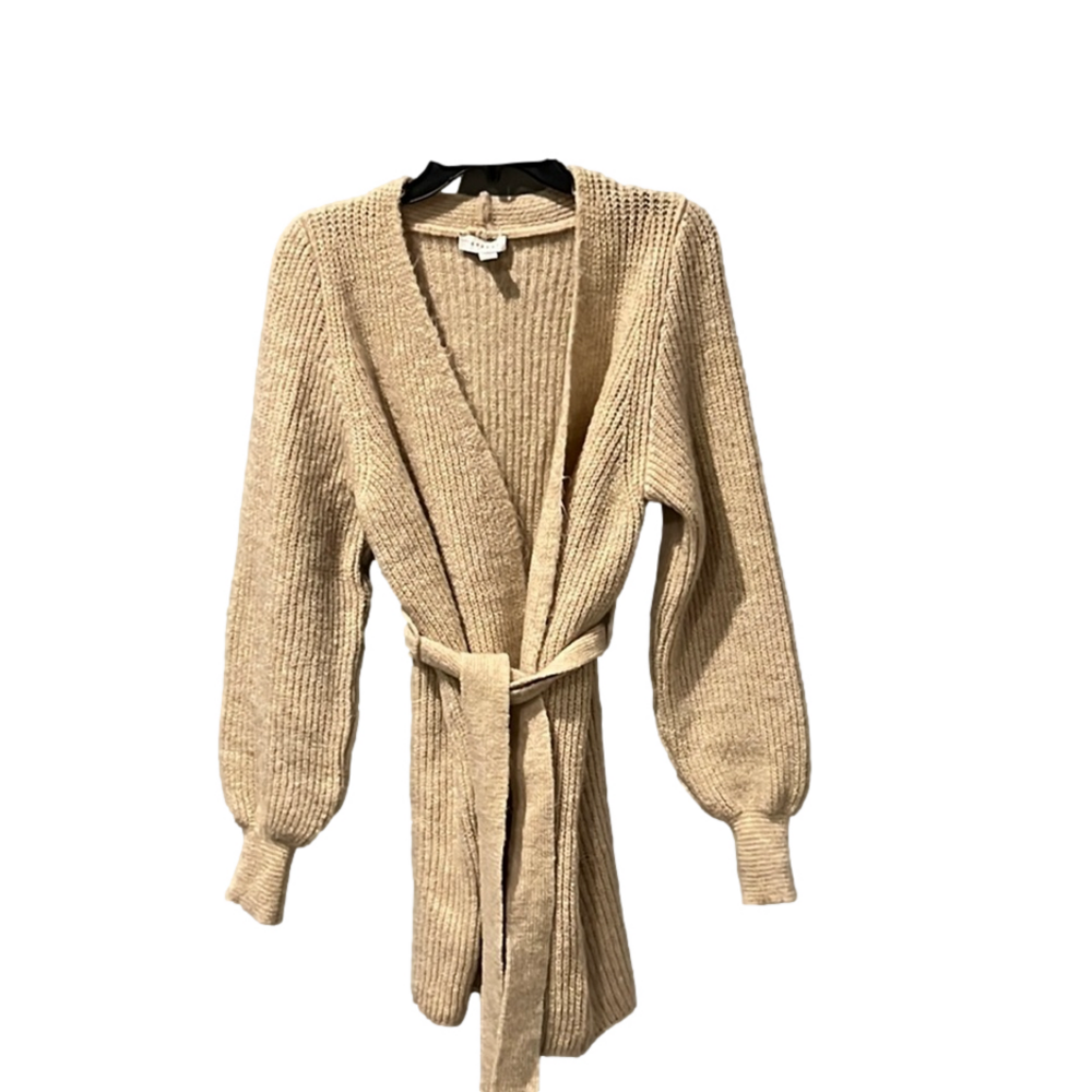 Topshop Cardigan Sweater Tan Knit Belted Waist Blouson Sleeve Size 12